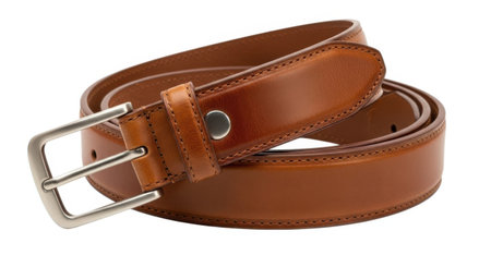 This image features a single, high-quality brown leather belt with a metal buckle, presented isolated on a clean white background.の素材