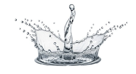 A dynamic splash of clear water frozen in motion, creating an elegant crown shape, isolated on a white background.の素材