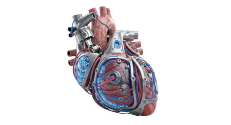 A realistic, detailed anatomical model of a human heart with visible internal chambers and vessels, presented isolated on a white background.の素材