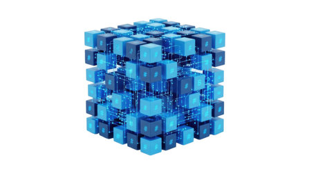 A dense, translucent rectangular prism constructed from numerous small blue cubes, presented in isolation on a clean white background.の素材