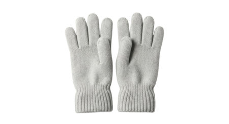 A pair of light gray knitted winter gloves with ribbed cuffs, presented isolated on a clean white background.の素材