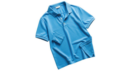 A single bright blue polo shirt is presented cleanly on a white background, showcasing its fabric texture and design.の素材