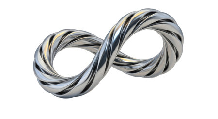 A shiny, metallic infinity symbol featuring a distinct twisted texture, presented cleanly isolated on a white background.の素材