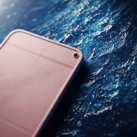 A detailed view of a modern rose gold smartphone, showcasing its sleek design and metallic finish against a vibrant, textured blue backdrop. Perfect for tech and design themes.の素材