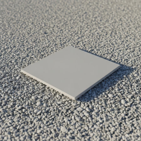 A close-up view of a smooth gray square tile resting on a textured background of small gray pebbles. This image highlights the contrast between smooth and rough surfaces.の素材