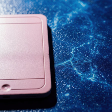 This detailed image captures a corner of a light pink rectangular object, possibly a phone case or electronic device, positioned against a richly textured, deep blue surface with intricate patterns.の素材