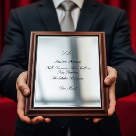 A formally dressed individual holds a polished silver award plaque framed in dark wood. The award signifies achievement and recognition for excellence and dedication.の素材