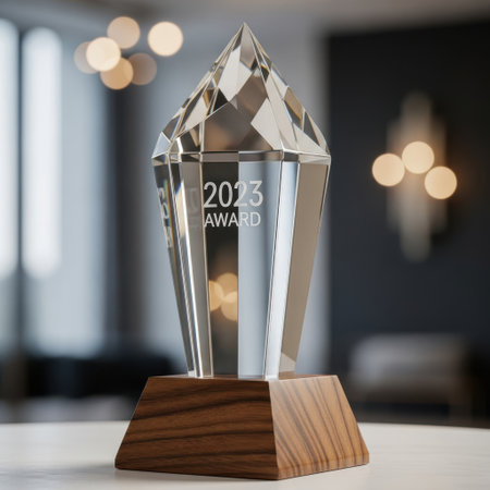 A striking crystal award trophy stands proudly on a rich wooden base, symbolizing excellence and recognition. Ideal for celebrating significant accomplishments and prestigious events.の素材