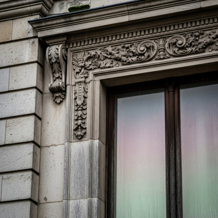 A detailed close-up view of the ornate architectural embellishments framing a window on an old building. Showcases decorative carvings and stonework from a bygone era.の素材
