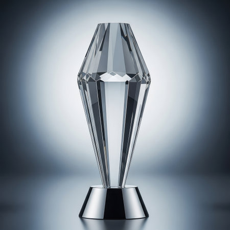 A striking clear crystal trophy with intricate facets and a polished metallic base. The award is beautifully lit, highlighting its transparency and elegant design, making it ideal for recognition.の素材