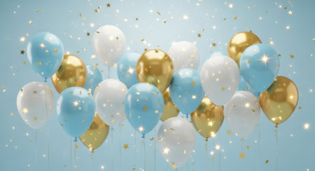 A delightful arrangement of pastel blue white and gold balloons with shimmering glitter scattered around. Perfect for birthdays baby showers weddings and any festive occasion to add a touch of magic.の素材