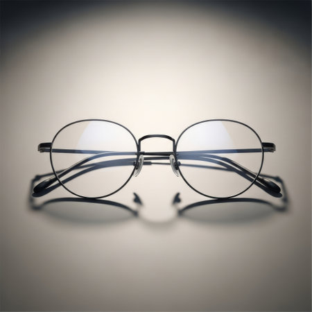 A close-up studio shot showcases a pair of classic vintage round metal wire frame eyeglasses. The eyewear features thin arms and a bridge, highlighting its minimalist and timeless appeal.の素材
