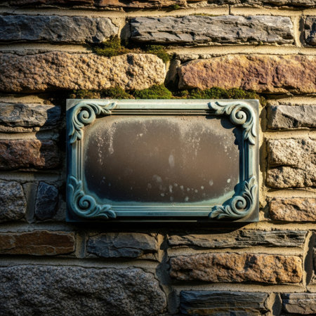 A weathered, ornate metal plaque with decorative scrollwork is affixed to a rustic brick wall. Its blank surface invites personalization, adding a touch of antique charm to any exterior setting.の素材
