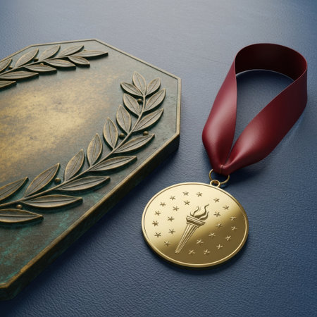 A close-up shot showcases a prestigious golden medal adorned with a red ribbon and a laurel wreath trophy, symbolizing achievement and recognition on a muted, textured backdrop.の素材