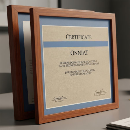 A professionally presented certificate, encased in a warm wooden frame with subtle blue matting. Features elegant typography and a space for official signatures, symbolizing recognition and accomplishment.の素材