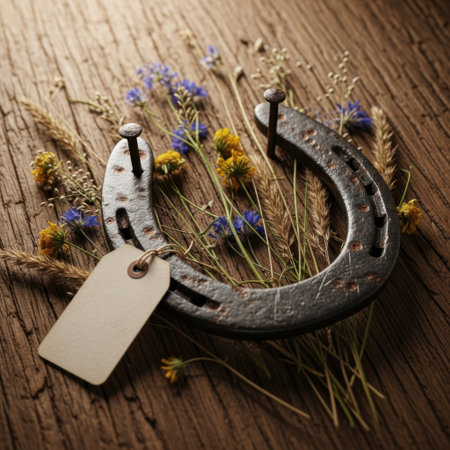 A weathered horseshoe adorned with delicate dried flowers and a blank tag rests on a rustic wooden plank, evoking a sense of luck and vintage charm. Perfect for country or western themes.の素材