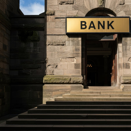 A historic bank building facade features a prominent 'BANK' sign above an open doorway. Stone architecture and grand steps lead to the entrance, conveying tradition and financial services.の素材