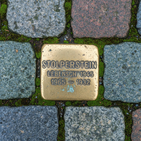 A close-up view of a golden Stolperstein memorial stone set into a textured cobblestone pathway, honoring individuals with etched names and significant dates.の素材