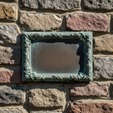 A close-up view of a small, ornate recessed window set within a weathered, multi-colored brick wall. The window frame features a detailed, carved design.の素材