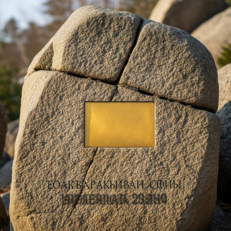 A weathered stone monument stands outdoors, featuring deeply carved text and a rectangular golden plaque. This memorial likely commemorates a significant person or event, evoking a sense of remembrance and history.の素材