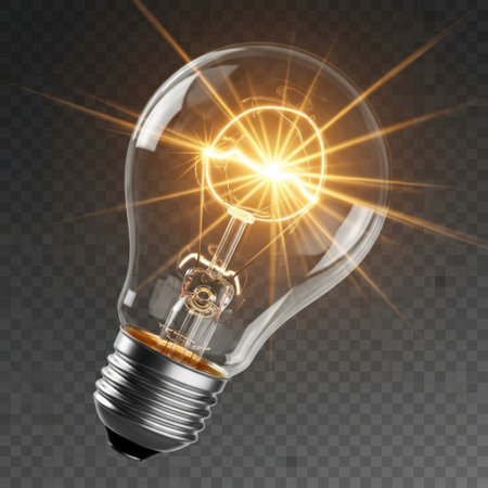A clear incandescent light bulb radiates bright, warm light, symbolizing innovation, new concepts, and creative energy. Perfect for themes of discovery and brilliant thought.の素材