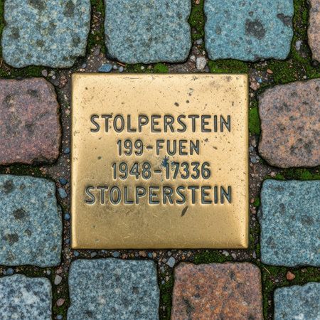 A golden brass Stolperstein, a 'stumbling block', is embedded in textured cobblestone paving. It bears engraved German text honoring an individual's memory and life.の素材