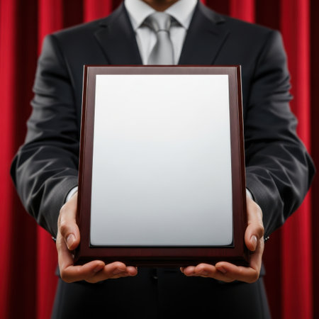 A formal award ceremony scene. A person in a dark suit and tie holds a blank, framed certificate or award ready for presentation against a rich red curtain backdrop.の素材