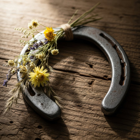 A close-up shot reveals a metal horseshoe intricately decorated with a charming arrangement of delicate wildflowers and dried grasses, resting on aged, textured wood.の素材