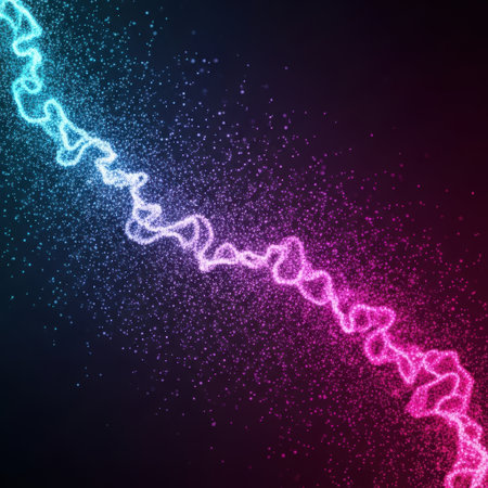 Dynamic abstract energy trail in electric blue and vibrant magenta flows across a speckled dark cosmic expanse. Capturing motion and light with a futuristic, glowing aesthetic.の素材