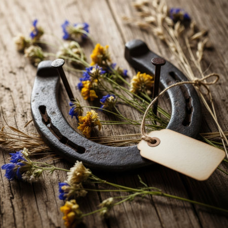 A vintage horseshoe adorned with delicate dried flowers and a blank tag, resting on a textured, aged wooden background. Perfect for country or western themes.の素材