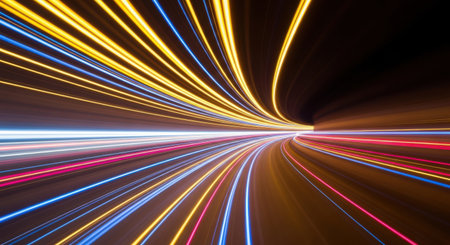 Abstract light trails capture the essence of rapid movement and energy. A symphony of colors blurs into streaks, suggesting a journey through time and space.の素材