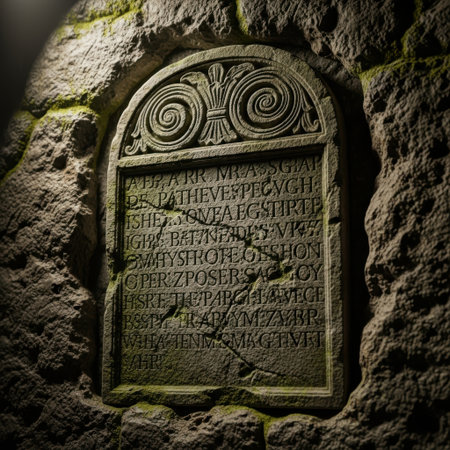 A weathered, rectangular stone tablet with intricate, eroded carvings is embedded within a textured, moss-covered stone structure, evoking a sense of history and mystery.の素材