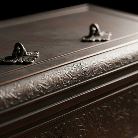 A detailed close-up of an antique metal box showcasing its rich texture, embossed floral patterns, and ornate clasps, evoking a sense of history and hidden treasures.の素材