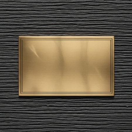 A detailed image of a blank brass plaque with a golden border. The plaque is positioned centrally on a dark textured surface, offering a clean space for custom engraving or design.の素材