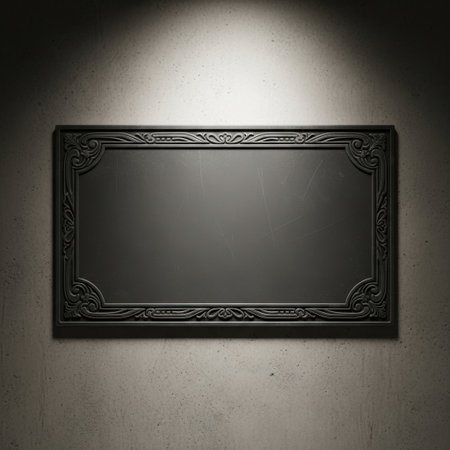 A dark, rectangular frame with intricate ornate detailing is prominently displayed, illuminated by a bright spotlight from above creating a dramatic effect on a textured wall.の素材