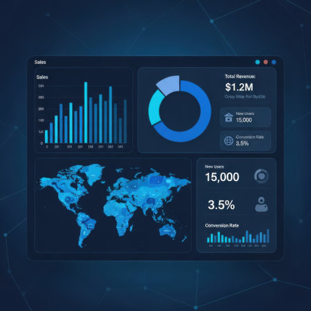 A high-tech digital dashboard displays intricate global data analytics, featuring charts, graphs, and a world map. This visualizes business intelligence, financial metrics, and key performance indicators for comprehensive insights.の素材
