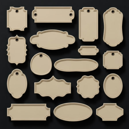 A diverse assortment of empty, ornate tags and labels in various shapes and sizes, perfect for scrapbooking, gift wrapping, product presentation, and creative labeling needs.の素材