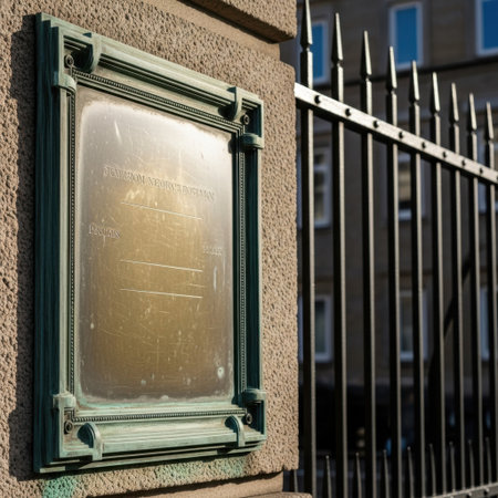 A detailed, weathered bronze plaque with an ornate frame is attached to a brick wall. A tall, spiked metal fence runs alongside the plaque, creating a strong visual contrast. The outdoor setting suggests historical or architectural interest.の素材