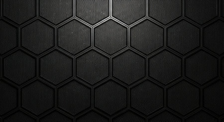 A dark, abstract background featuring a repeating hexagonal geometric pattern. The textured surface has a metallic sheen and a futuristic, technological feel, creating a visually striking visual.の素材