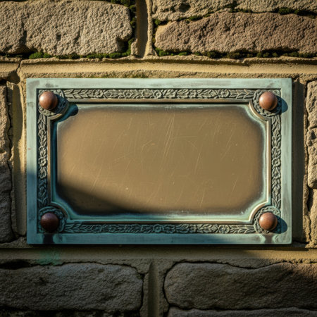 A close-up, eye-level view of an antique bronze plaque with an intricate border, set into a rustic brick wall. The plaque's surface is aged, hinting at past inscriptions.の素材