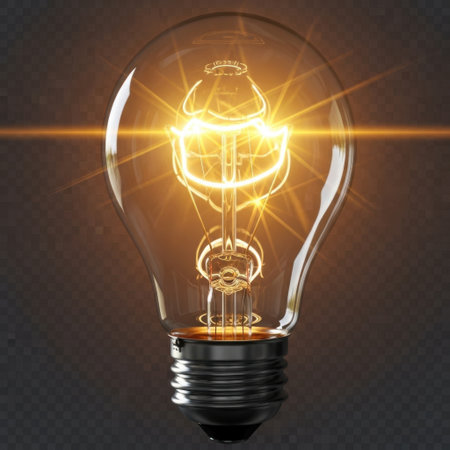 A vintage incandescent light bulb illuminates with a bright, warm glow. The filament shines intensely, symbolizing creativity, innovation, and the spark of a new idea.の素材