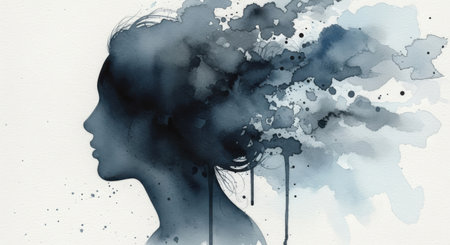 A captivating abstract artwork featuring a woman's profile dissolving into wisps of watercolor in shades of blue and green. Evokes feelings of creativity and introspection.の素材