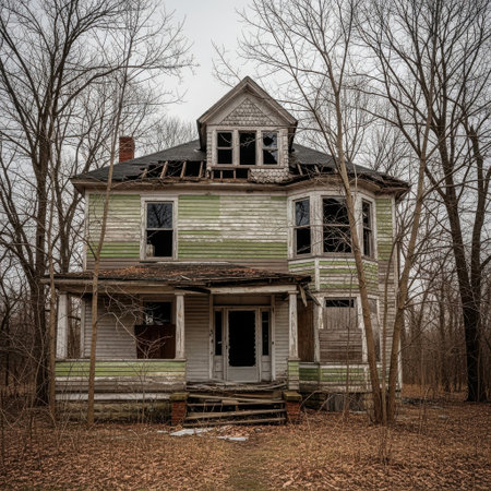 An eerie abandoned Victorian house stands weathered and decaying amidst a forest of bare trees. Its broken windows and dilapidated porch evoke a sense of forgotten history and mystery.の素材