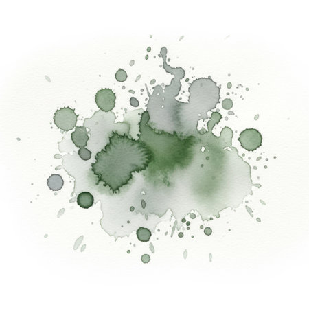 Dynamic abstract watercolor splatter with organic shapes in shades of green and grey. Perfect for adding an artistic touch to digital designs or print projects.の素材