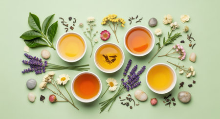 Discover the soothing power of nature with a vibrant assortment of herbal teas and botanicals. Perfect for promoting relaxation, health, and a sense of well-being.の素材