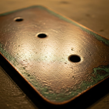 Detailed view of a weathered metal plate, showcasing its rough texture, three evenly spaced holes, and a warm, metallic sheen. Perfect for industrial or construction-themed projects.の素材