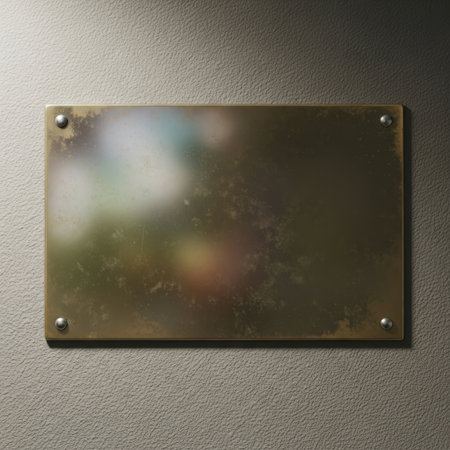 A reflective metallic plaque with a brushed finish is mounted on a textured wall. Subtle outdoor reflections hint at greenery and light. Four visible screws secure its placement.の素材