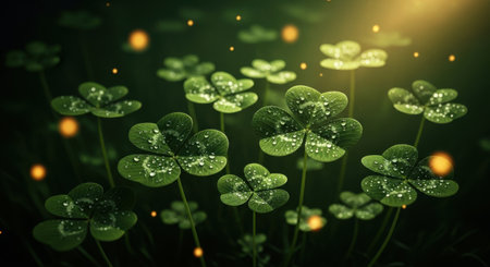 A close-up view of lush green four-leaf clovers, bathed in a soft, golden bokeh light. This image evokes a sense of luck, nature's beauty, and the promise of prosperity.の素材