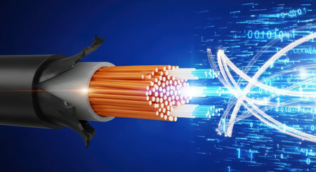 This image showcases the power and speed of data transmission with a detailed view of exposed copper wires emitting bright blue light and energy streams, symbolizing technological advancement.の素材
