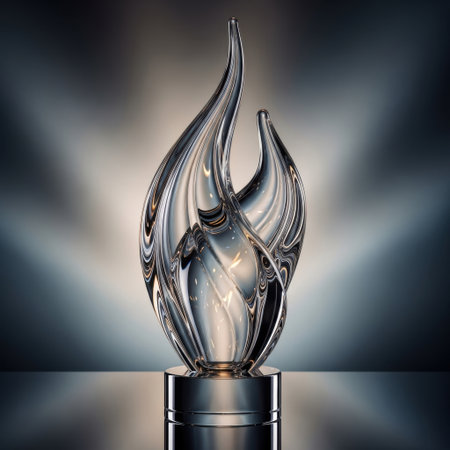A stunning transparent crystal sculpture crafted in the shape of a dynamic flame. This exquisite piece rests on a polished pedestal, reflecting its radiant beauty.の素材